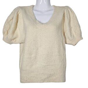 ASTR The Label Womens Puff Sleeve V-Neck Sweater Fuzzy Eyelash Knit‎ Top Cream S